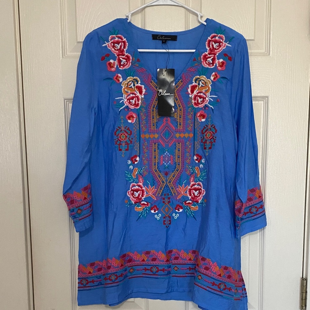 Chic Calesaa Blue Tunic with Vibrant Embroidery NEW with Tag